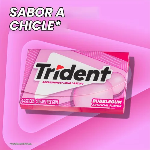 Vista 2 de 12 paquetes de 14 unidades cada uno; es decir, en total son 168 unidades de goma de mascar Trident Bubblegum sin azúcar sabor chicle. Accesorios