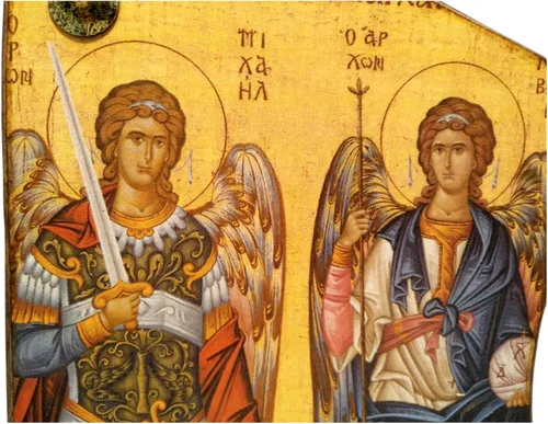Vista 5 de Icono de madera griego ortodoxo cristiano hecho a mano Athos Monte Athos de Arcángeles Miguel y Gabriel/Mp4