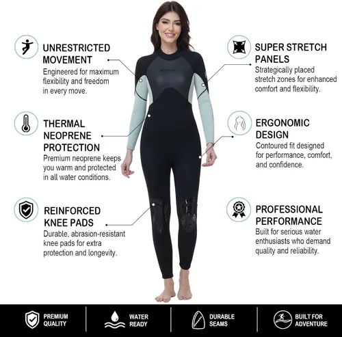 Vista 3 de Traje de neopreno de 0.118 pulgadas para mujer, natación en agua fría con cremallera trasera, adecuado para buceo, natación, surf, esnórquel y otros