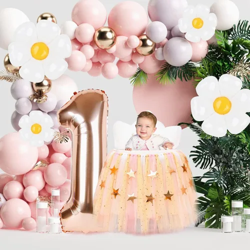 Vista 5 de Dripykiaa 5 globos de helio de aluminio para niñas de 40 pulgadas, diseño de margaritas de oro rosa