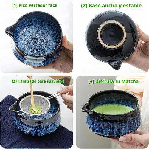 Vista 2 de TEANAGOO 7 piezas juego de batidor matcha, juego de matcha para ceremonia, juego de matcha Junware-Azul, juego de té matcha para hacer Azul Pro