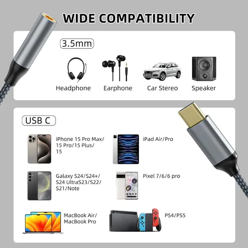 Vista 6 de TIPSEAN Adaptador USB C a 3.5mm para Auriculares (Paquete de 2), Cable Dongle de Audio Aux USB-C para iPhone 17 Pro Max/17 Pro, 16/15 Pro Max, 16/15