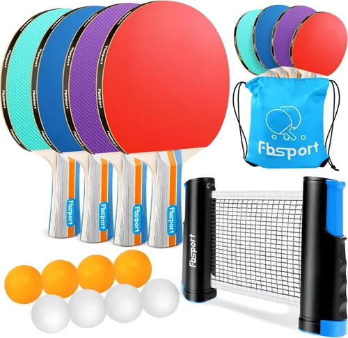 Vista 8 de FBSPORT Set de palas de ping pong, juego de tenis de mesa con 4 raquetas y 8 bolas, red retráctil con bolsa de almacenamiento - accesorios de pala 4