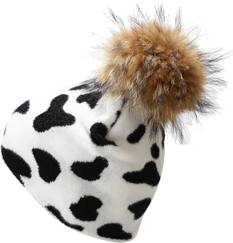 Vista 4 de Joylife Gorro de invierno con pompones de piel y diseño de calavera de punto unisex de doble capa