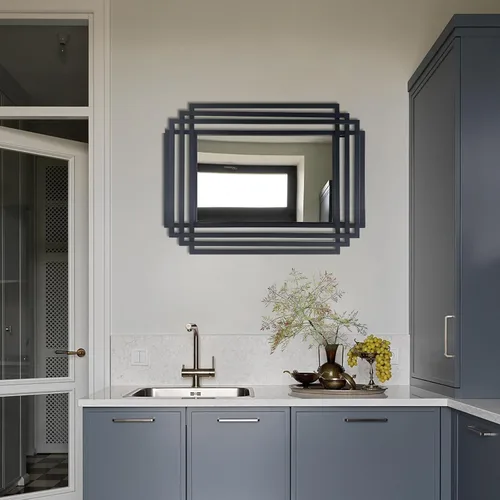 Vista 2 de Espejo de pared rectangular decorativo de 24 x 18 pulgadas con marco de metal negro Geometric Design, HD Mirror, Horizontal/Vertical Hanging, Art