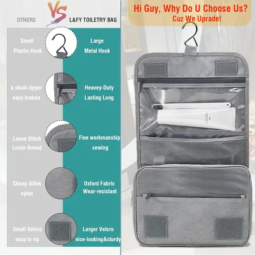 Vista 5 de L&FY Neceser portátil multifuncional para viaje, estuche de maquillaje y cosméticos, organizador de artículos de aseo, A-Negro
