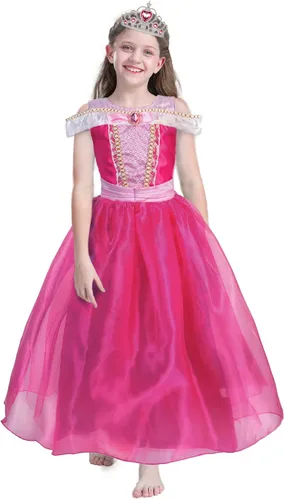Vista 4 de TSIZFXI Ropa de vestir de princesa, disfraz rosa para niñas pequeñas, disfraz de Halloween con accesorios de 3 a 8 años