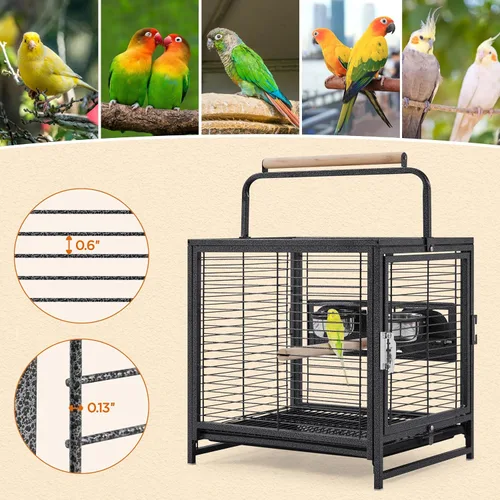 Vista 4 de Yaheetech Jaula de viaje para pájaros de hierro forjado de 25.5 pulgadas con asa, perca de madera y protector de semillas para loros pequeños