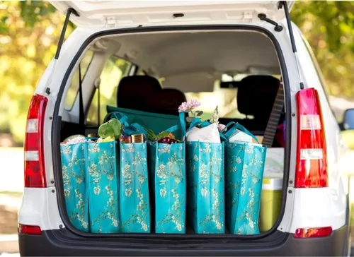 Vista 7 de NymphFable Paquete de 6 bolsas de comestibles reutilizables con flores de almendra, bolsas de compras, impermeables, bolsas de regalo, 50 libras