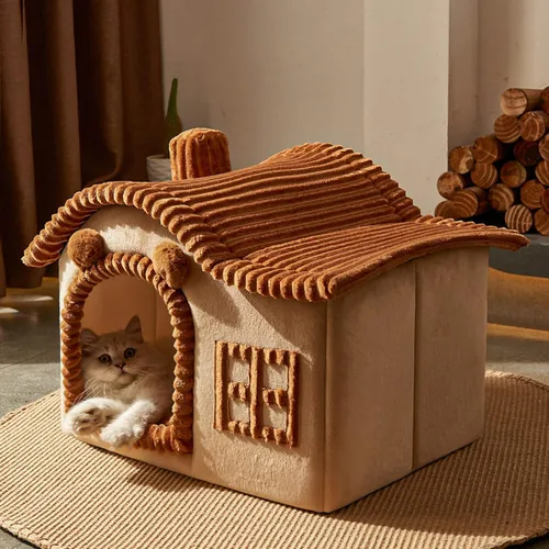Vista 7 de Jiupety Casas de Gatos con Forma de Oso para Gatos de Interior, Cueva de Cama para Gatos Linda con Chimenea, Suficiente Espacio Interior, Casa Suave