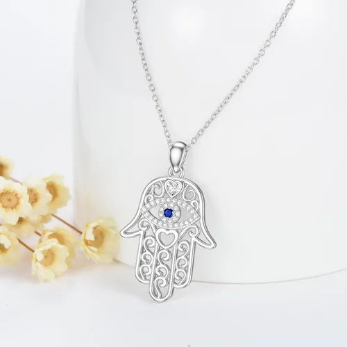 Vista 2 de Hamsa - Collar con dije de amuleto de mano de Fátima de plata de ley 925, collar con dije de Hamsa contra el mal de ojo, joyería de buena suerte