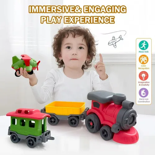 Vista 6 de Juego de Tren de Juguete de Navidad para Niños Pequeños de 3-5 Años, Juguetes de Tren Pequeños Locomotora con Vagón de Avión Conjunto de Tren Bajo