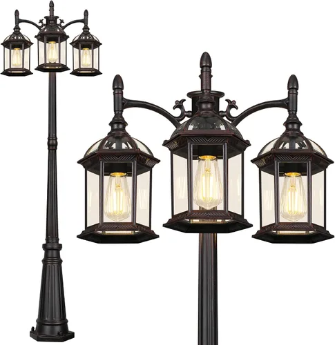 Vista 10 de Lámpara de poste de luz para exteriores del atardecer al amanecer con 3 bombillas LED, poste de luz de calle de aluminio de triple cabezal