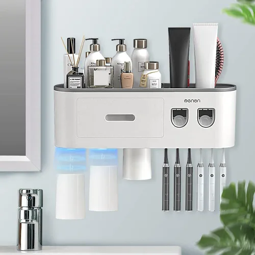Vista 9 de Soportes para cepillos de dientes montados en la pared, soporte para cepillos de dientes con dispensadores automáticos de pasta de dientes, 6