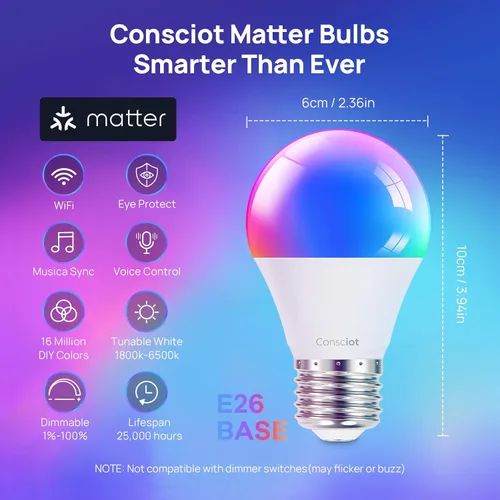 Vista 2 de Consciot Bombillas inteligentes, bombillas LED A19 E26 que cambian de color, WiFi y Bluetooth, certificado Matter, funciona con Alexa, Google Home