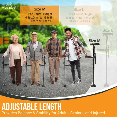 Vista 6 de Bastón de caminar con luz y alarma, plegable, ajustable, ligero, para equilibrio y estabilidad para adultos, personas mayores y lesionados. [Negro]