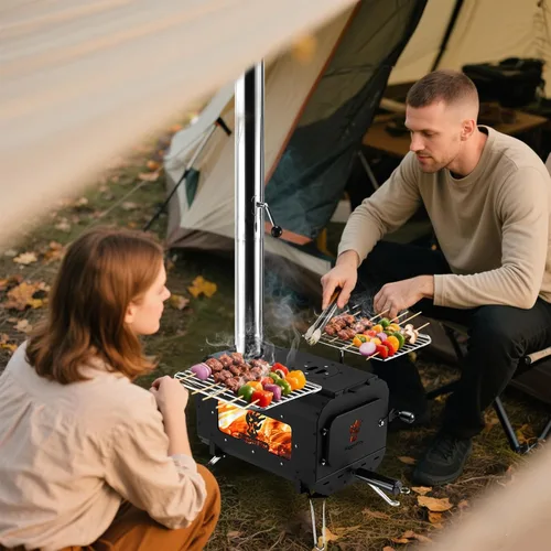 Vista 5 de Estufa de tienda de campaña Estufa de camping portátil Estufa de leña negra Calentador de tienda de campaña para tiendas de campaña Calefacción