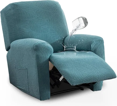 Vista 13 de vctops Funda repelente al agua para silla reclinable de 4 piezas con bolsillo lateral, diseño de hojas de jacquard, elástica, suave, protector