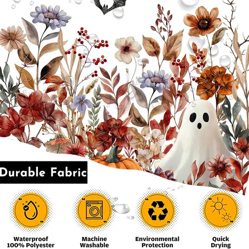 Vista 6 de Lindameler Cortina de ducha de Halloween para baño, cortina de ducha espeluznante con diseño floral de calabaza, fantasma, para decoración