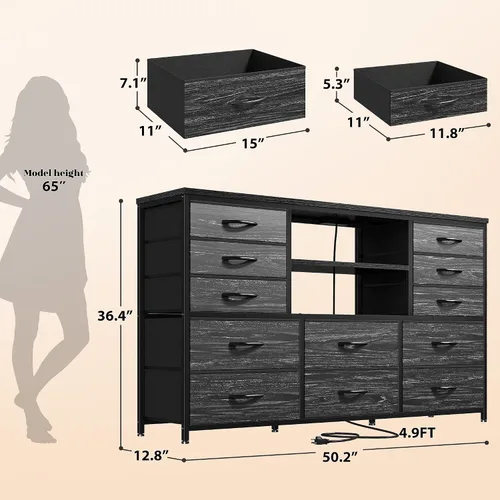 Vista 2 de EnHomee - Cómoda negra con luces LED y estación de carga, soporte de TV para televisor de 60 pulgadas, cómodas anchas y cómodas con estantes