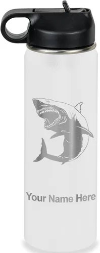 Vista 71 de LaserGram Botella de agua personalizada, gran tiburón blanco, acero inoxidable de doble pared aislada al vacío con popote superior, regalo grabado