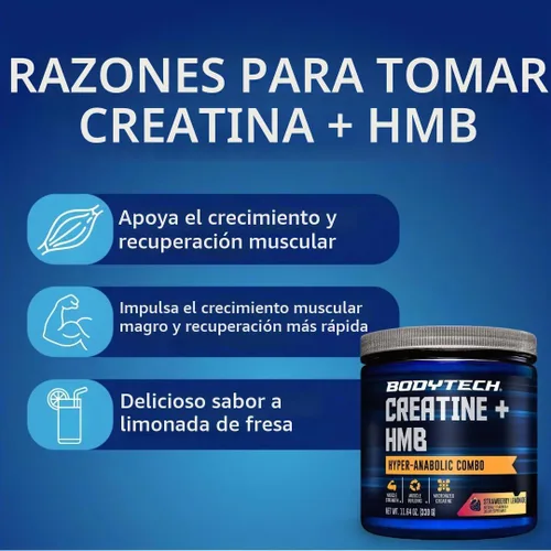 Vista 4 de BodyTech Fórmula micronizada de creatina y HMB, limonada de fresa, 30