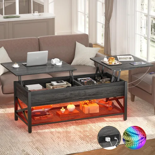 Vista 8 de Aheaplus Mesa de Centro Elevable Negra con Luz LED, Tomas de Corriente y Estante de Almacenamiento, 41.7"An x 19.69"L x 19.7"Al