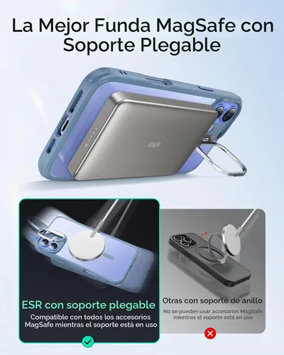 Vista 4 de ESR Funda para iPhone 16, Compatible con, Funda Protectora de Grado Militar, Funda para Teléfono con Soporte Stash Integrado, Cubierta Trasera Azul