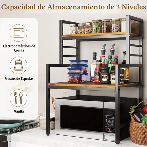 Vista 3 de Giantex Soporte de Microondas de 3 Niveles, Estante para Horno de Microondas que Ahorra Espacio con 2 Estantes Abiertos y Marco de Metal Resistente
