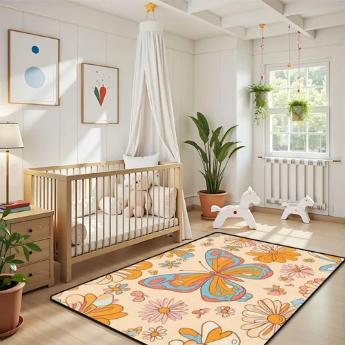 Vista 6 de Alfombra retro de los años 70 y 60, diseño hippie de verano, con diseño de mariposas y flores, alfombra de juego para exteriores, alfombra de juego