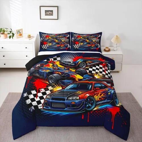 Vista 47 de Feelyou Juego de edredón de coche de carreras, tamaño individual, juego de ropa de cama de coche deportivo de velocidad para niños y niñas, edredón