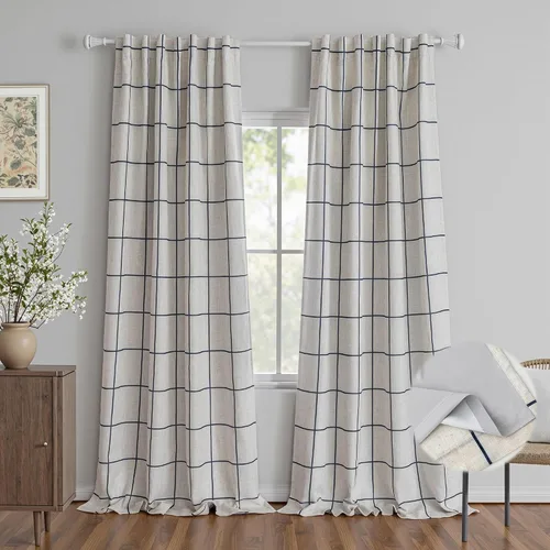 Vista 32 de MYSKY HOME Cortinas de Lino a Cuadros 100% Opacas de 45 Pulgadas de Largo de Doble Capa Estilo Granja con Aislamiento Térmico Estampado a Cuadros