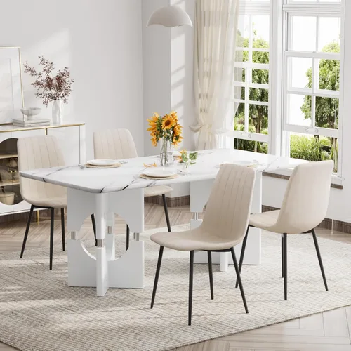 Vista 14 de Moderno juego de mesa rectangular para 4, mesa grande de mármol sintético gris de 71 pulgadas con base de metal con marco hueco, y 4 sillas