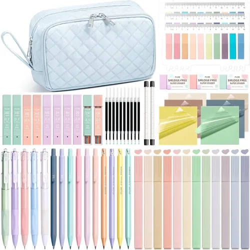 Vista 14 de 62 piezas de suministros escolares estéticos con lindo estuche de lápices, resaltadores en colores pastel, bolígrafos de gel de tinta negra, lápices