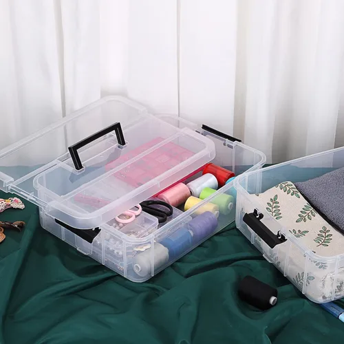Vista 9 de JUXYES Caja de Almacenamiento Apilable de 2 Niveles con Asa, Contenedor de Almacenamiento Apilable Transparente con Tapa y Asa con Cierre para Negro