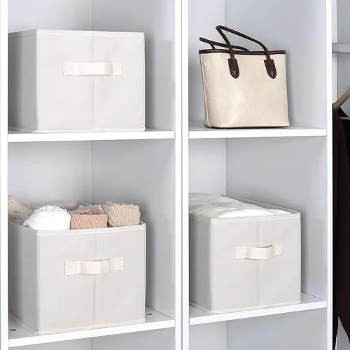 Vista 7 de WUIKE Cestas de almacenamiento para estantes, contenedores de almacenamiento de tela con asas, cesta plegable para estantes organizadores y Beige