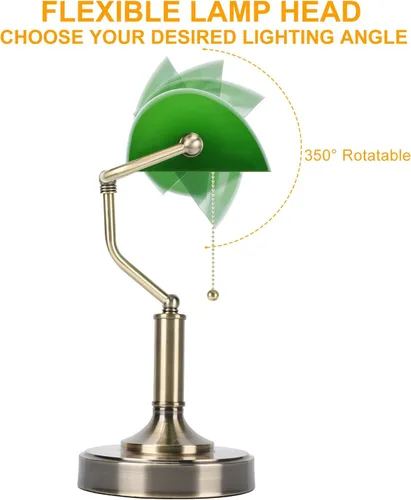Vista 5 de LINNMON Bankers - Lámpara de escritorio verde con interruptor de cadena de tracción, lámpara retro con puertos de carga USB y tipo C, lámpara