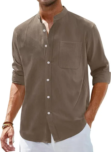 Vista 16 de Alimens & Gentle Camisas de algodón y lino para hombre, camisa de manga larga con botones, cuello de banda, camisas de playa