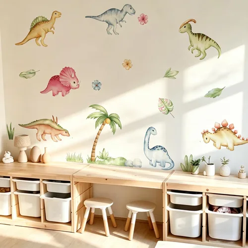 Vista 9 de Calcomanías de pared de dinosaurio, calcomanías de animales para dormitorio, decoración extraíble, cuarto de bebé, habitación de los niños, murales