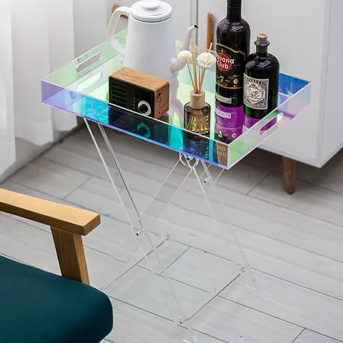 Vista 6 de Mesa plegable de acrílico iridiscente, mesa auxiliar de acrílico colorida, mesa de centro cuadrada moderna, mesa de servicio portátil para espacios