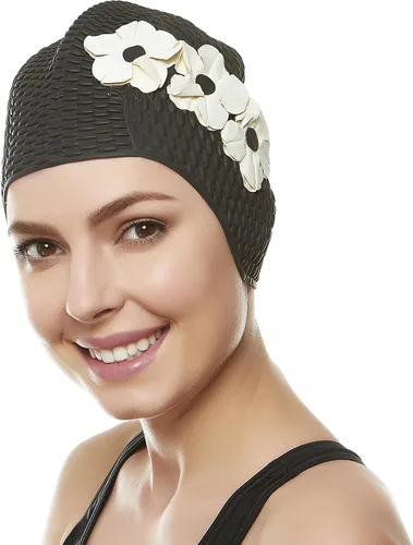 Vista 19 de BeeMo Gorro de Natación de Látex para Mujeres - Gorro de Natación de Goma - Suave Cómodo Elástico Elegante Diseño de Corte Bajo Protege el Cabello