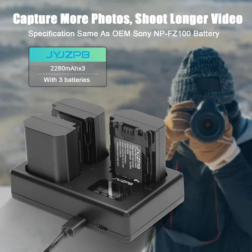 Vista 8 de JYJZPB Paquete de 3 baterías NP-FZ100 y cargador de batería triple Capacidad de 2280 mAh cada paquete, para cámaras Sony A7III A7IV A7R III A9