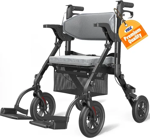 Vista 12 de VOCIC Andadores para personas mayores, andador con ruedas con asiento, silla de ruedas transportable ligera plegable, andador rodante para adultos
