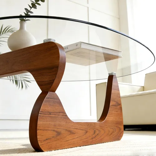 Vista 5 de Mesa de centro para sala de estar, mesa de centro pequeña con parte superior de vidrio templado triangular y patas de madera, mesas de centro