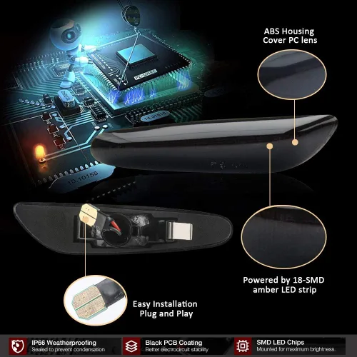 Vista 5 de D-Lumina Luces intermitentes LED ámbar secuenciales para BMW E90 E91 E92 E93 E46 E53 E60 E61 X3 E83 X1 E84 E81 E82 E87 E88 Luz de marcador lateral