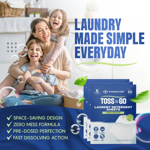 Vista 2 de Purecise - Hojas de detergente para ropa de viaje, Fresh Meadow, 30 cargas, paquete de 3 Toss & Go travel essentials for cruise, airplane, dorm