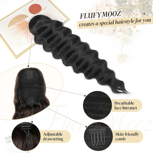 Vista 3 de Flufymooz Extensión de cola de caballo, 26 pulgadas, ondulado, con cordón, extensión de pelo largo, extensión de pelo sintético suave para mujer