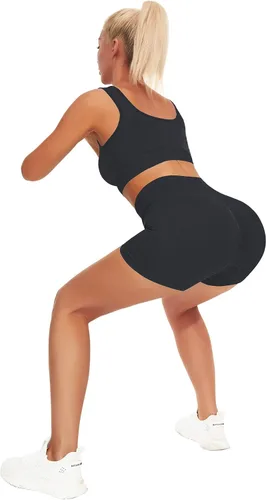 Vista 6 de JOYSPELS Conjuntos de entrenamiento para mujer, 2 piezas, sin costuras, acanalados, cintura alta, levantamiento de glúteos, con brasier deportivo