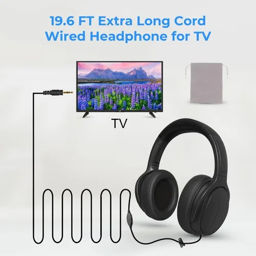 Vista 2 de Auriculares con cable extralargos para TV y PC para ver televisión para personas mayores con control de volumen, auriculares con cable de longitud