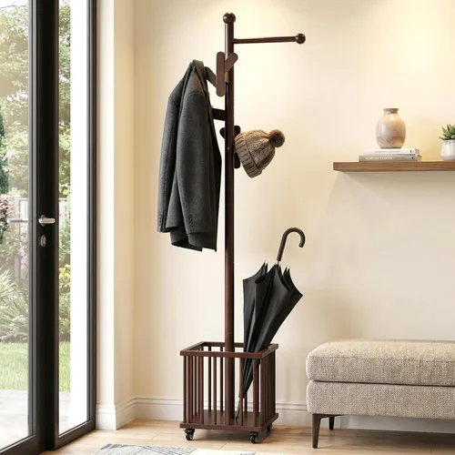 Vista 11 de CozyDH Perchero de madera con cesta de almacenamiento y ruedas, perchero independiente con 8 ganchos, moderno perchero para entrada, dormitorio
